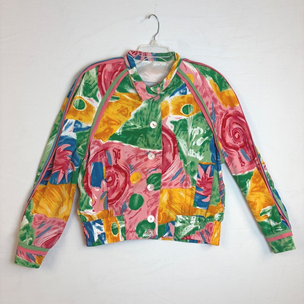 Howard Wolf Dallas Vintage 80s Abstract Floral Bomber Jacket Size 8 Pink Green